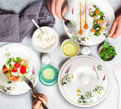 Kuber Industries 40 Pieces Round Melamine Microwave & Dishwasher Safe Dinnerware Kitchen Crockery Set | Glossy Dinner Sets & Kitchen Set for Home | Deluxe Lavendar Floral - White