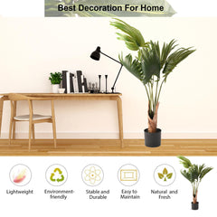Urbane Home Scallop Artificial Tree | 6 Leaf Fan Plant | 120 CM Green Leaves Plant with Pot | Tropical Plant for Home Decor | Greenery Faux Leaves Plant | Plastic | FH-PK1206 | Green