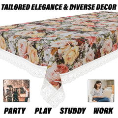 Kuber Industries Dining Table Cover | PVC Table Cloth Cover | 6 Seater Table Cloth | Rose Table Cover | Table Protector | Table Cover for Dining Table | 60x90 Inch | DTC | White