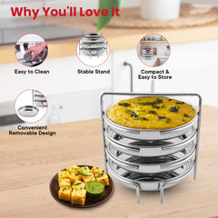 Kuber Industries Stainless Steel Khaman Dhokla Stand 4 Plates Set | Extra Deep Thatte, Idli, Dhokla Plate for Cooking | Induction & Gas Stove Compatible Cookware Set for Kitchen | Silver