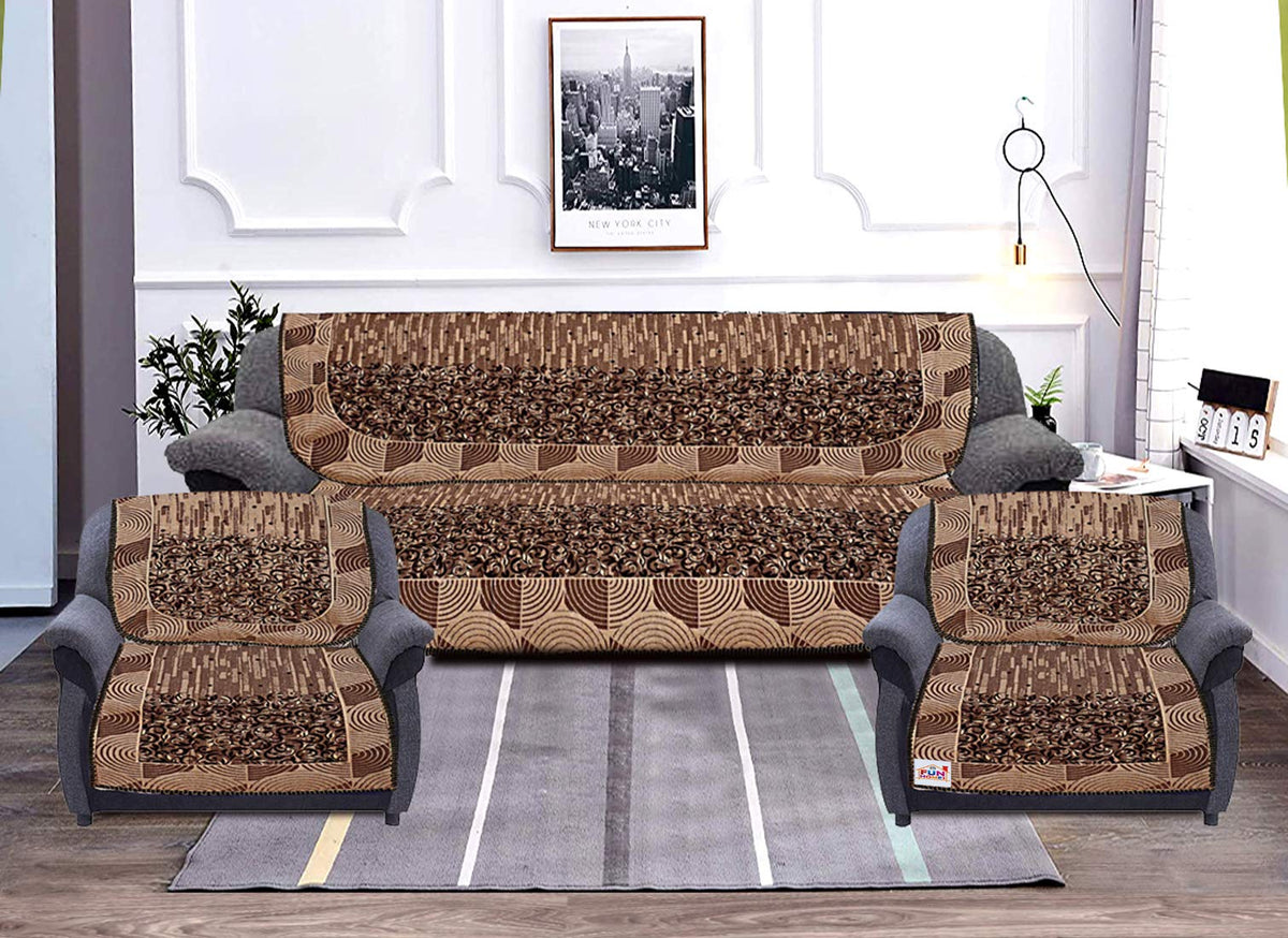 Fun Homes Flower Print 6 Piece Velvet 5 Seater Sofa Cover Use Both Side,Living Room,Drawing Room,Bedroom,Guest Room - Brown, Standard (FSHOME011148)