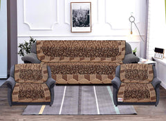 Fun Homes Flower Print 6 Piece Velvet 5 Seater Sofa Cover Use Both Side,Living Room,Drawing Room,Bedroom,Guest Room - Brown, Standard (FSHOME011148)