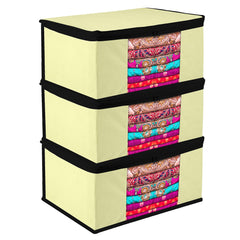 Heart Home Saree Cover | Zip Closure Saree Cover | Clothes Storage Bag | Wardrobe Organiser for Suit | Transparent Window Saree Cover | Plain-Black Border | 9 inch | Pack of 3 | Cream