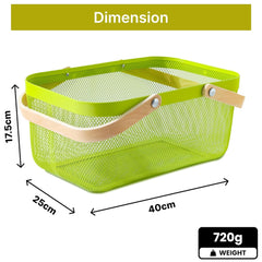 Kuber Industries Rectangular Metal Mesh Basket for Storage with wooden handle | 720 Gm | Fruit Basket and Vegetable Basket for Kitchen | Kitchen Organizer |Multipurpose |Green |Pack of 2