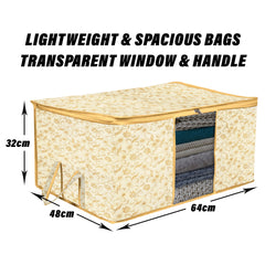 Heart Home Underbed Storage Bag | Clothes Storage Organizer | Blanket Cover with Clear Window | Zipper Closure & Handle Cloth Organizer | Leaf-Design | Large | Pack of 3 | Cream