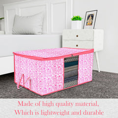 Heart Home Underbed Storage Bag | Clothes Storage Organizer | Blanket Cover with Clear Window | Zipper Closure & Handle Cloth Organizer | Leaf-Design | Large | Pack of 4 | Pink