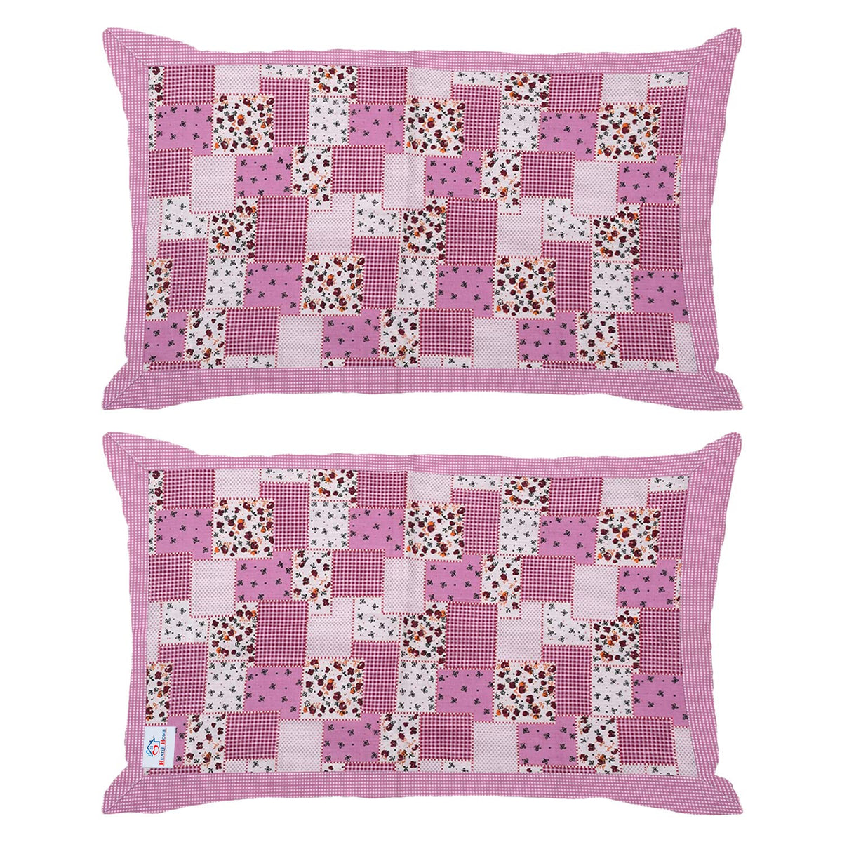 Heart Home Multicheck Floral Print Cotton Pillow Cover- 17x27 Inch, Set of 2 (Pink)