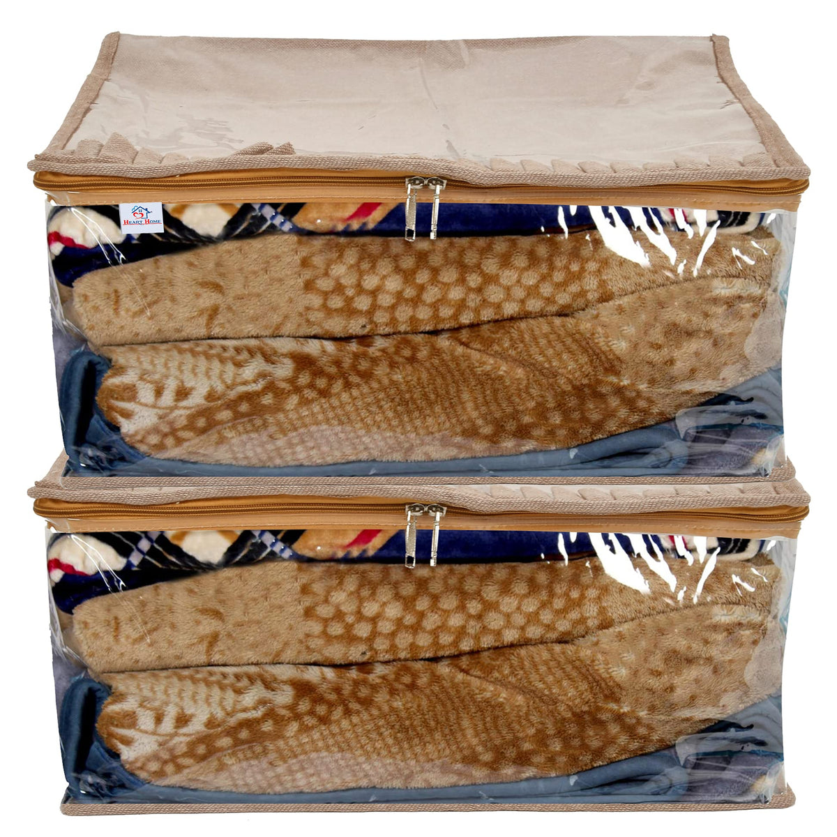 Heart Home Laminated Transparent Waterproof Underbed Storage Bag, Storage Organiser For Quilts, Blankets, Pillows, Bedsheets, Towels, Summer and Winter Cloth- Pack of 2 (Ivory)-HS_38_HEARTH21451