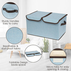 Kuber Industries Double Lid Foldable Storage Box|Toys Storage Bin|Wardrobe Organizer For Clothes|Front Handle & Stackable Pack Of-3 (Blue)