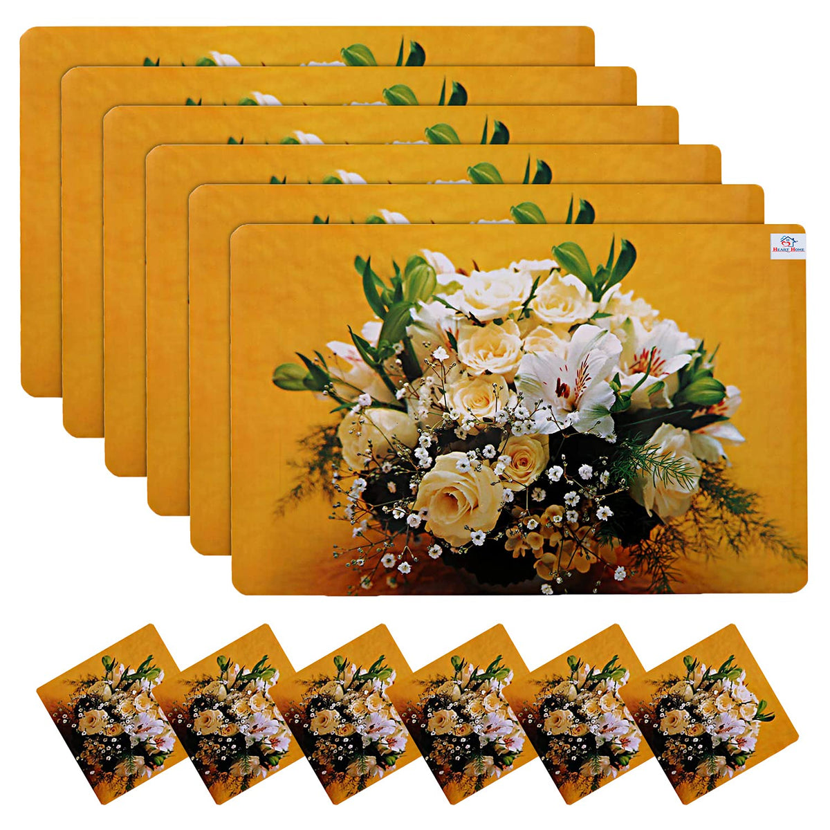Heart Home Flower Printed PVC Dining Table Placemats with Tea Coaster Set, Set of 12 (Yellow)