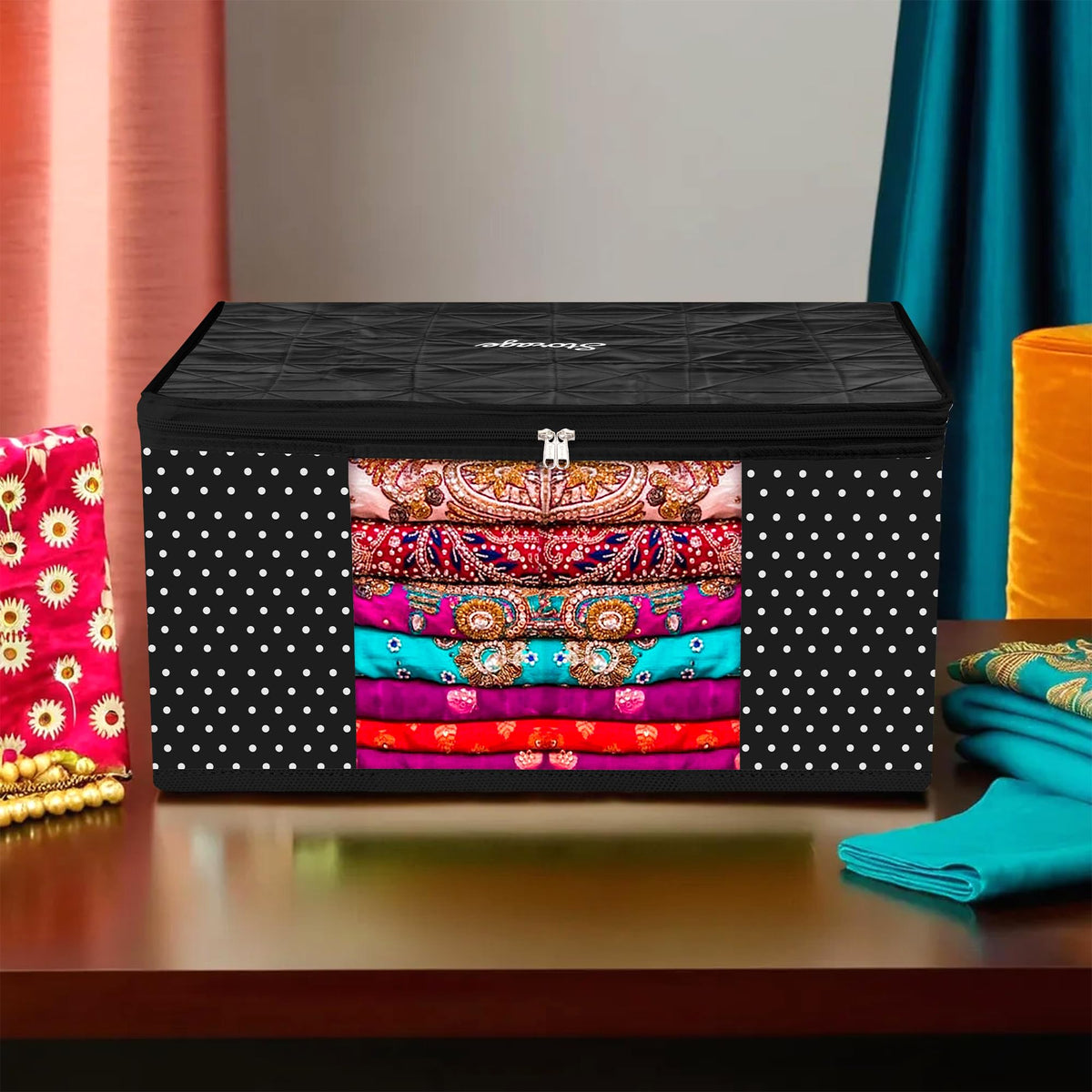 Heart Home Saree Cover | Zipper Closure Saree Storage Bag | Saree Organizer for Wardrobe with Handle | Transparent View Clothes Storage Bag for Lehenga | Side Dot-Design | Black