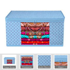 Heart Home Saree Cover & Underbed Stoarge Bag Set | 3 Pieces Saree & 3 Pieces Underbed Storage Bag Combo Set | Zipper Closure & Handle | Floral-Design | Set of 6 | Blue