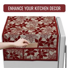 Kuber Industries Fridge Top Cover | Fridge Top Cover with Pockets | Refrigerator Top Cover for Kitchen | Fridge Top Cover with 6 Utility Pockets | Flower-Design Fridge Cover | Maroon