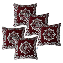 Heart Home Cushion Cover | Sofa Cushion Covers | Embossed Square Cushion Covers | Velvet Cushion Covers | Couch Cushion Covers | Set of 5 | 16 Inch | Maroon
