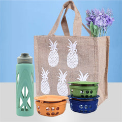 Kuber Industries Lunch Bag|Reusable Jute Fabric Tote Bag|Pineapple Print Tiffin Carry Hand Bag with Handle for Office,School,Gift,Pack of 4 (Brown)