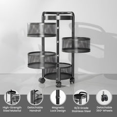 Kuber Industries 4-Layer Kitchen Trolley | 360? Rotating Storage Rack | Round Storage Rack with Wheels | Fruit and Vegetable Storage for Kitchen | (Black)