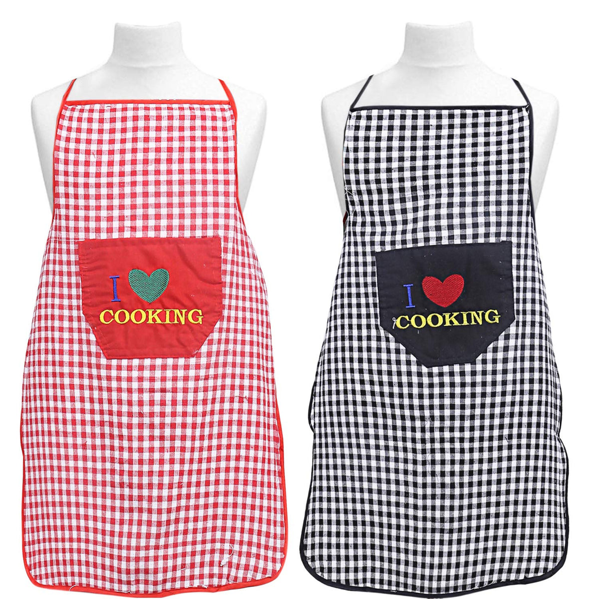 Kuber Industries Checkered Design Cotton 2 Pieces Waterproof Apron with Front Pocket (Red & Black)-CTKTC29853
