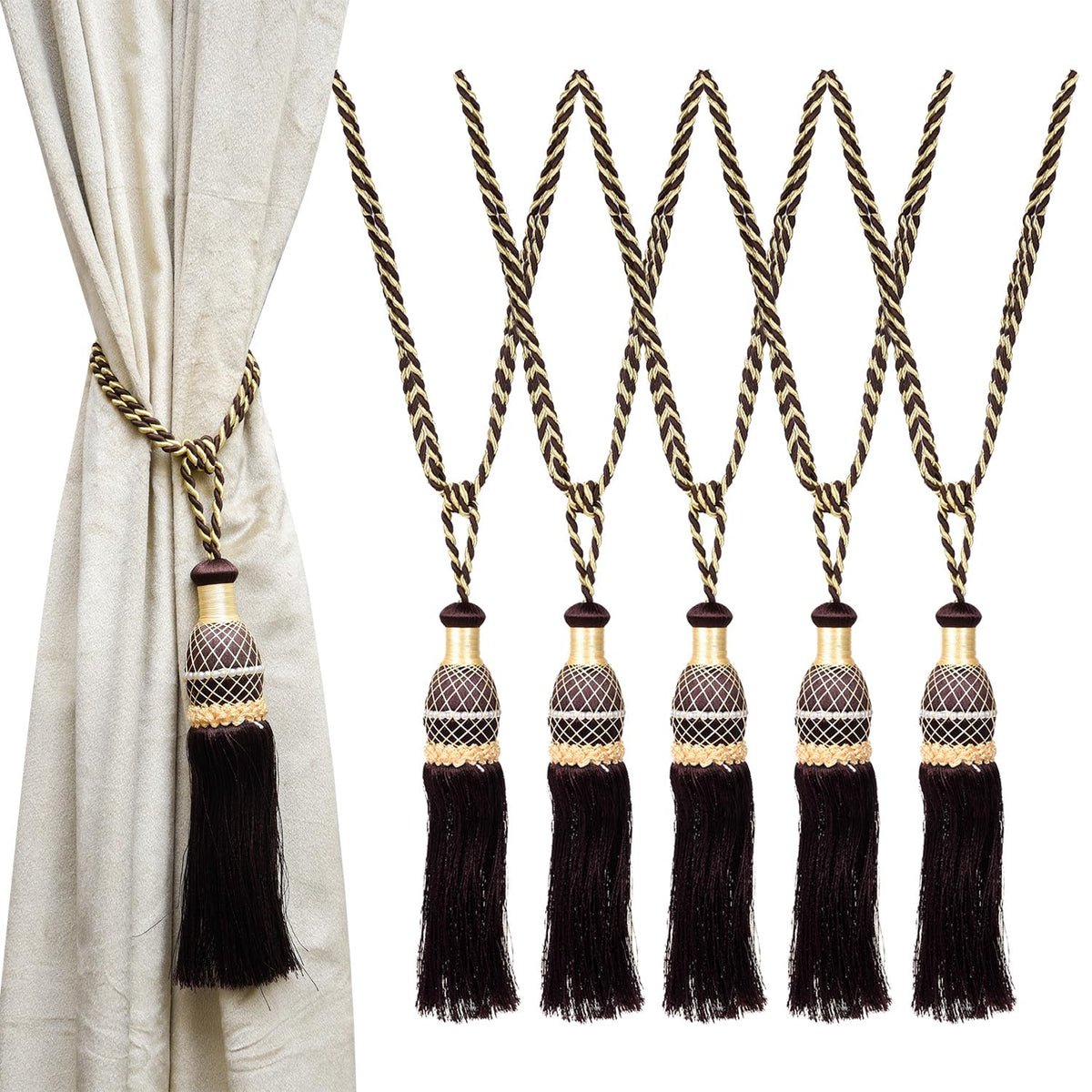 Kuber Industries Tassel Set | Curtain Tie Back Tassel Set | Curtain Holder Tieback | Curtain Tieback | Curtain Holder for Home & Office Dcor | Moti Kit Pit Tassel | Pack of 6 | Brown