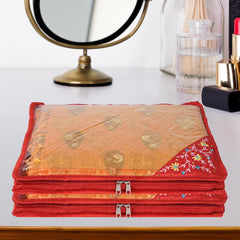 Heart Home Saree Cover | Clothes Storage Bag | Suit Packing Cover | Cloth Stoarge Organizer | Wardrobe Cloth Storage Organiser with Zip | Side Embroidery-Design | 3 Inch | Pack of 9 | Red