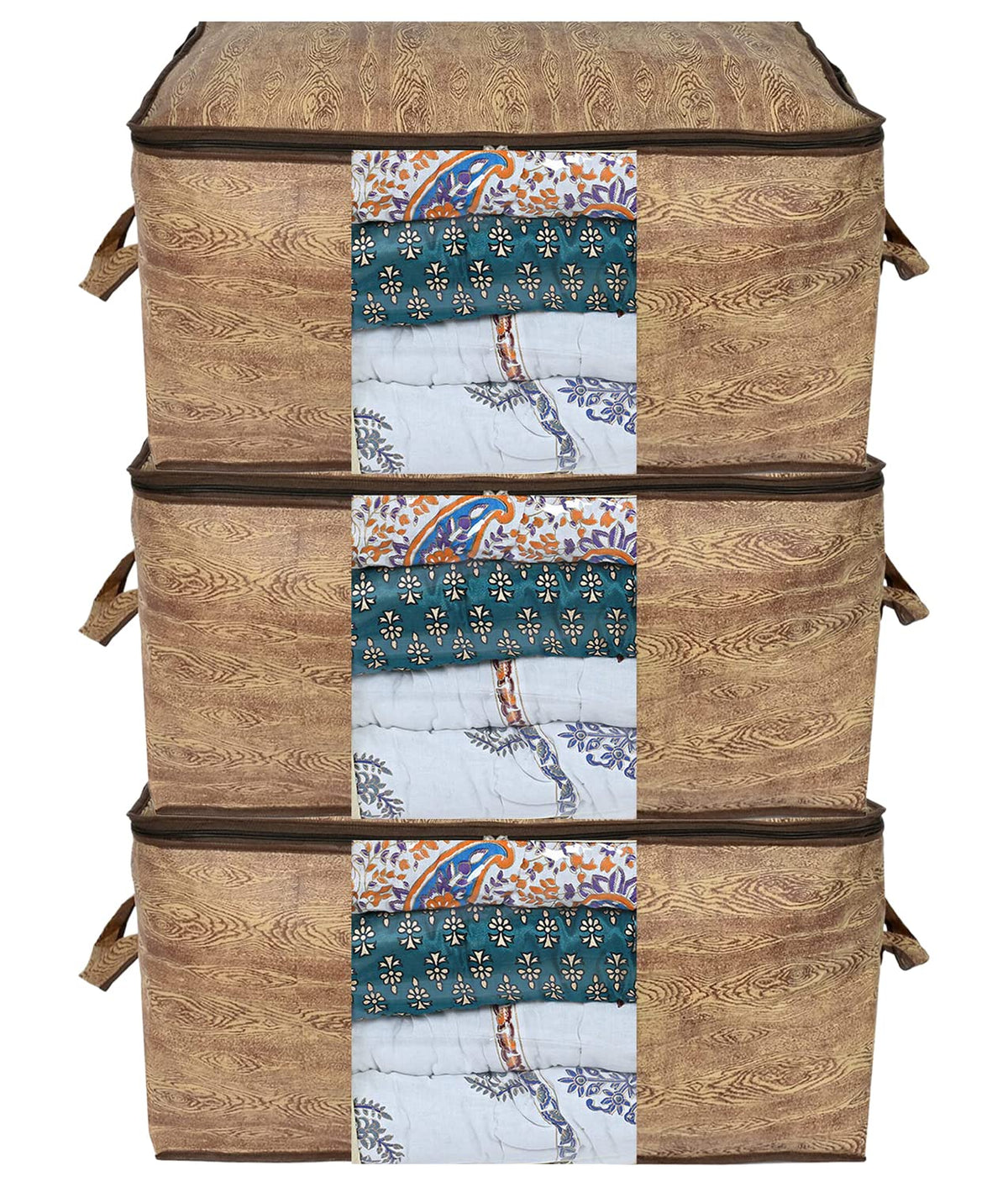 Heart Home Wooden Design Non-Woven Underbed, Strorage Organizer With Transparent Window- Pack of 3 (Brown)-44HH0510