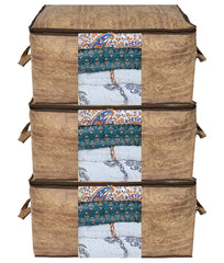 Heart Home Wooden Design Non-Woven Underbed, Strorage Organizer With Transparent Window- Pack of 3 (Brown)-44HH0510