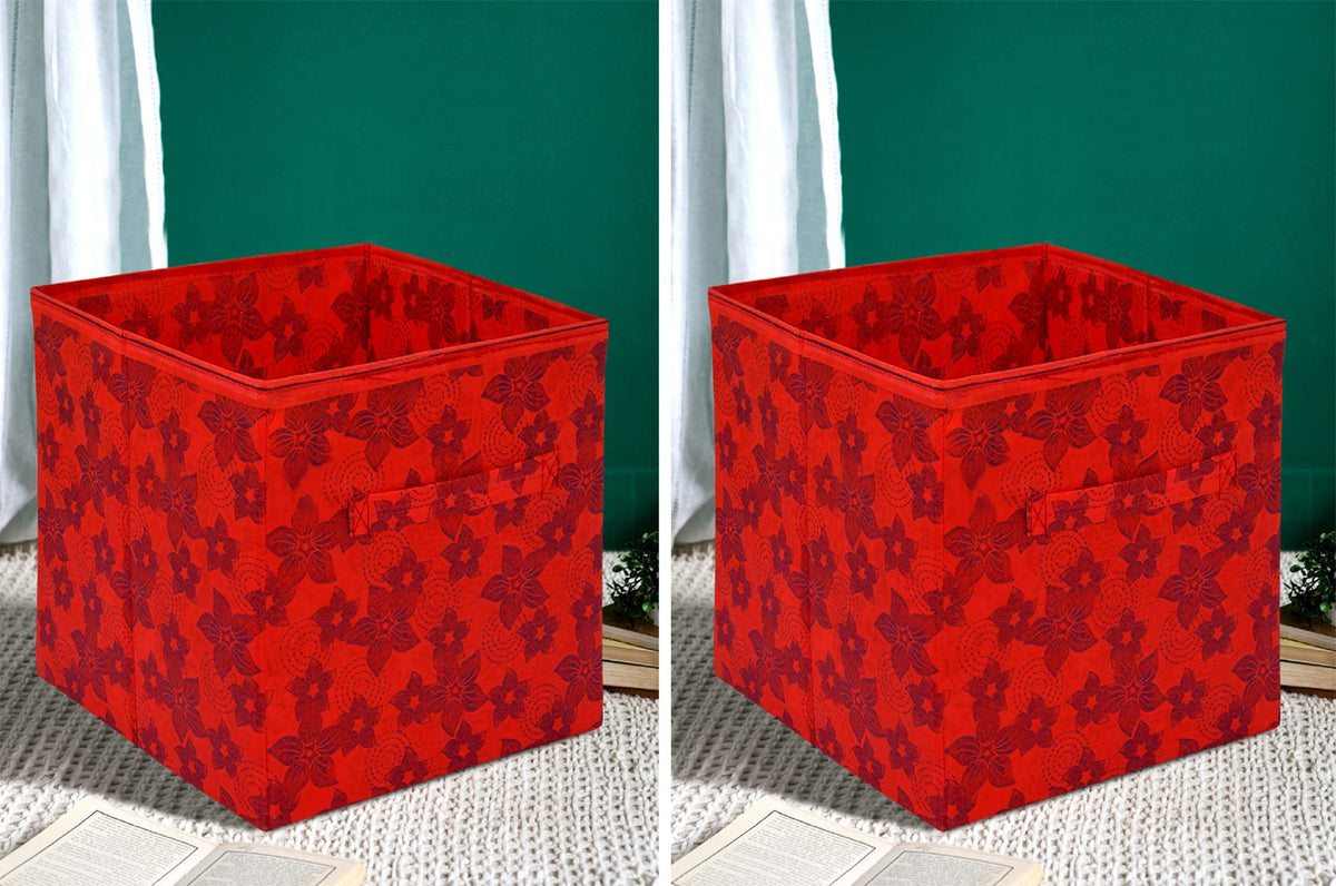 Heart Home Metallic Flower Printed Multipurposes Storage Box/Organizer With Handles- Pack of 2 (Red) -HS43HEARTH26263
