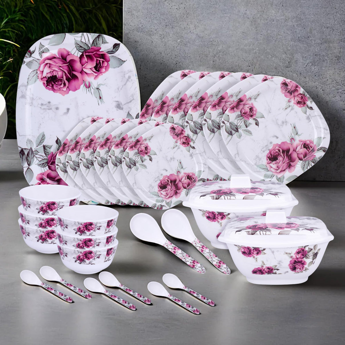 Kuber Industries 31 Pieces Square Unbreakable Microwave & Dishwasher Safe Melamine Dinnerware Kitchen Crockery Set | Glossy Dinner Sets & Kitchen Set for Home | Pink Floral - White