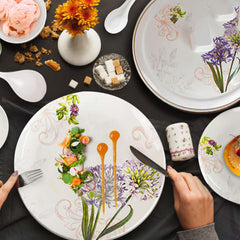Kuber Industries 32 Pieces Round Melamine Microwave & Dishwasher Safe Dinnerware Kitchen Crockery Set | Glossy Dinner Sets & Kitchen Set for Home | Stylon Purple Floral - White