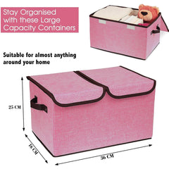 Kuber Industries Double Lid Foldable Storage Box|Toys Storage Bin|Wardrobe Organizer For Clothes|Front Handle & Stackable Pack Of-2 (Pink)