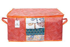 Kuber Industries Laheriya Design Non Woven Underbed Bag|Storage Organiser|Blanket Cover with Transparent Window|Storage Bag For Clothes Large|Pack of 3 (Orange)