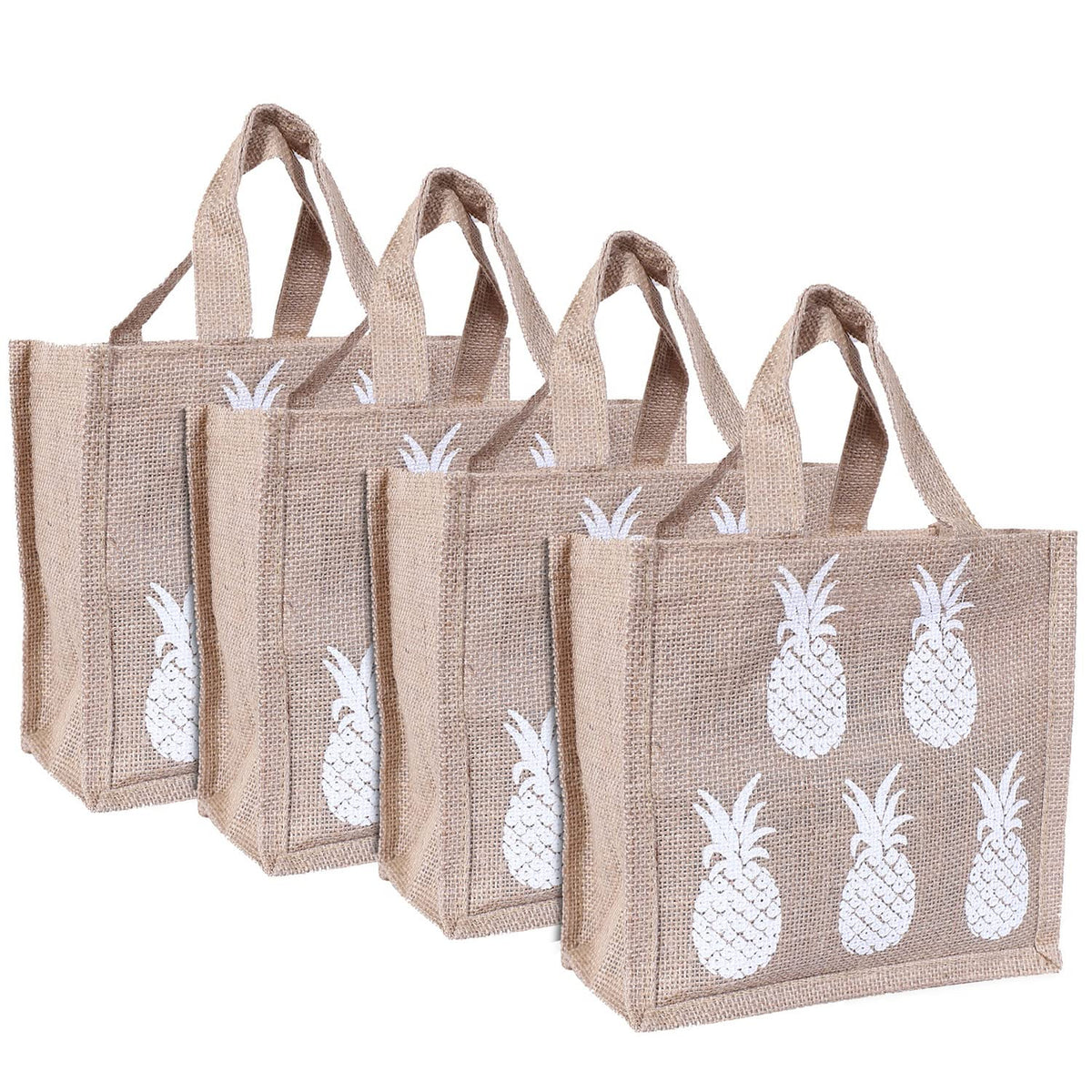 Kuber Industries Lunch Bag|Reusable Jute Fabric Tote Bag|Pineapple Print Tiffin Carry Hand Bag with Handle for Office,School,Gift,Pack of 4 (Brown)