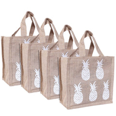 Kuber Industries Lunch Bag|Reusable Jute Fabric Tote Bag|Pineapple Print Tiffin Carry Hand Bag with Handle for Office,School,Gift,Pack of 4 (Brown)