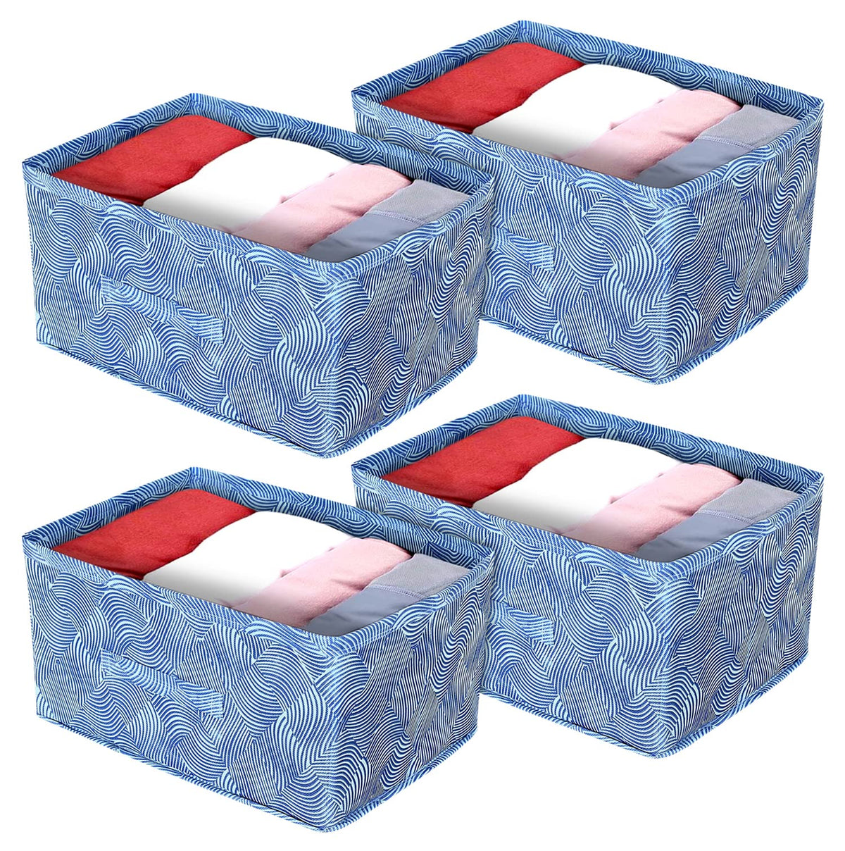 Heart Home Lahariya Printed Non-Woven Rectangular Flodable Cloth Storage Box/Drawer- Pack of 4 (Blue)-HS43HEARTH26316