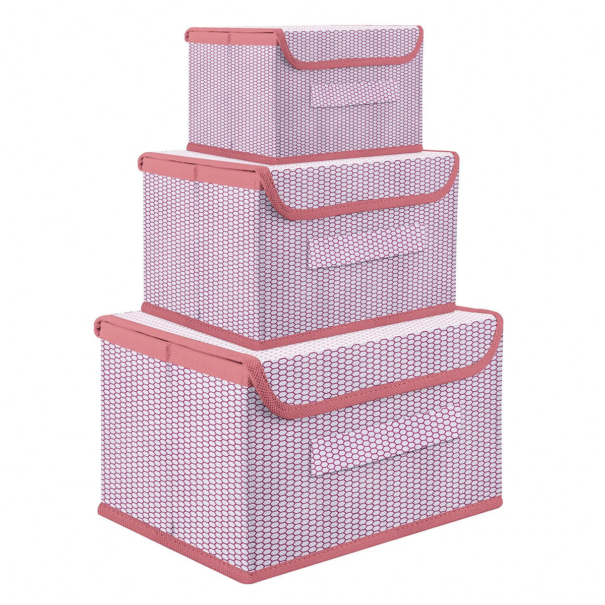 Heart Home Drawer Storage Box | Zig Zag Dhakkan Storage Box | Non-Woven Clothes Organizer | Storage Box with Handle | S | M | L | Pack of 3 | Pink