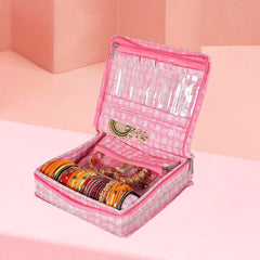 Heart Home Jewellery Kit | Check Design Vanity Box for woman | Laminated Jewellery Kit with Support | Jewellery Kit with 5 Pouch & Bangle Roll | Pack of 2 | Pink