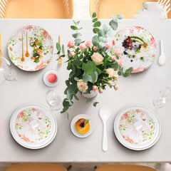 Kuber Industries 32 Pieces Round Melamine Microwave & Dishwasher Safe Dinnerware Kitchen Crockery Set | Glossy Dinner Sets & Kitchen Set for Home | Stylon Pink Floral - White