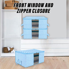 Heart Home Underbed Storage Bag | Clothes Storage Organizer | Blanket Cover with Clear Window | Zipper Closure & Handle Cloth Organizer | Flower-Design | Large | Pack of 6 | Sky Blue