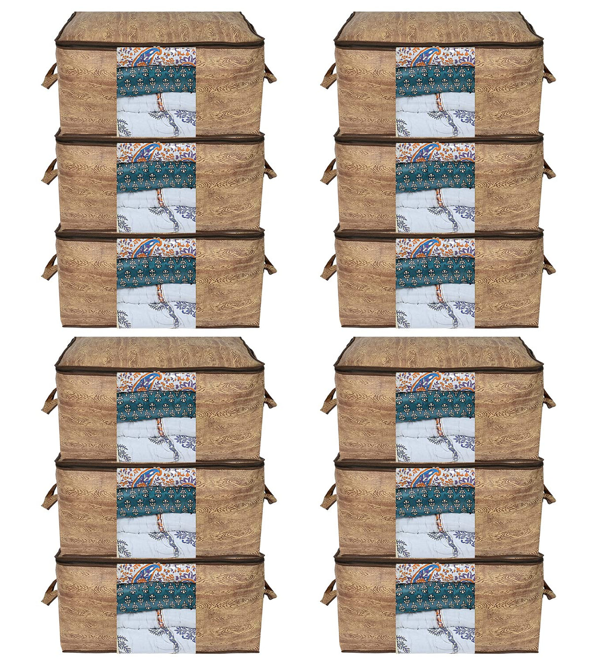 Heart Home Wooden Design Non-Woven Underbed, Strorage Organizer With Transparent Window- Pack of 12 (Brown)-44HH0516