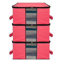 Heart Home Underbed Storage Bag | Clothes Storage Organizer | Blanket Cover with Clear Window | Zipper Closure & Handle Cloth Organizer | Plain Black Border | Large | Pack of 3 | Pink