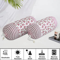 Heart Home Bolster Covers | Cotton Bolster Cover Set | Diwan Bolster Cover Set | Bolster Pillow Cover | Pink Flower Masand Cover | 16x32 Inch | Pack of 6 | White
