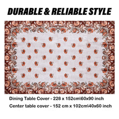 Heart Home Center & Dining Table Cover Set | Center & Dining Table Cover | Brown Flower Table Cover | Table Protector | Table Cover for Dining & Center | Cream