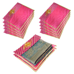 Heart Home Saree Cover | Clothes Storage Bag | Single Packing Saree with Velcro | Wardrobe Organizer | Cloth Stoarge Organizer | Check Jama Brooch-Design | Pack of 12 | Pink