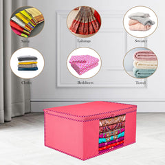Heart Home Saree Cover | Zip Closure Saree Cover | Clothes Storage Bag | Wardrobe Organiser for Suit | Transparent Window Saree Cover | Dot Border-Design | 9 inch | Pack of 12 | Pink