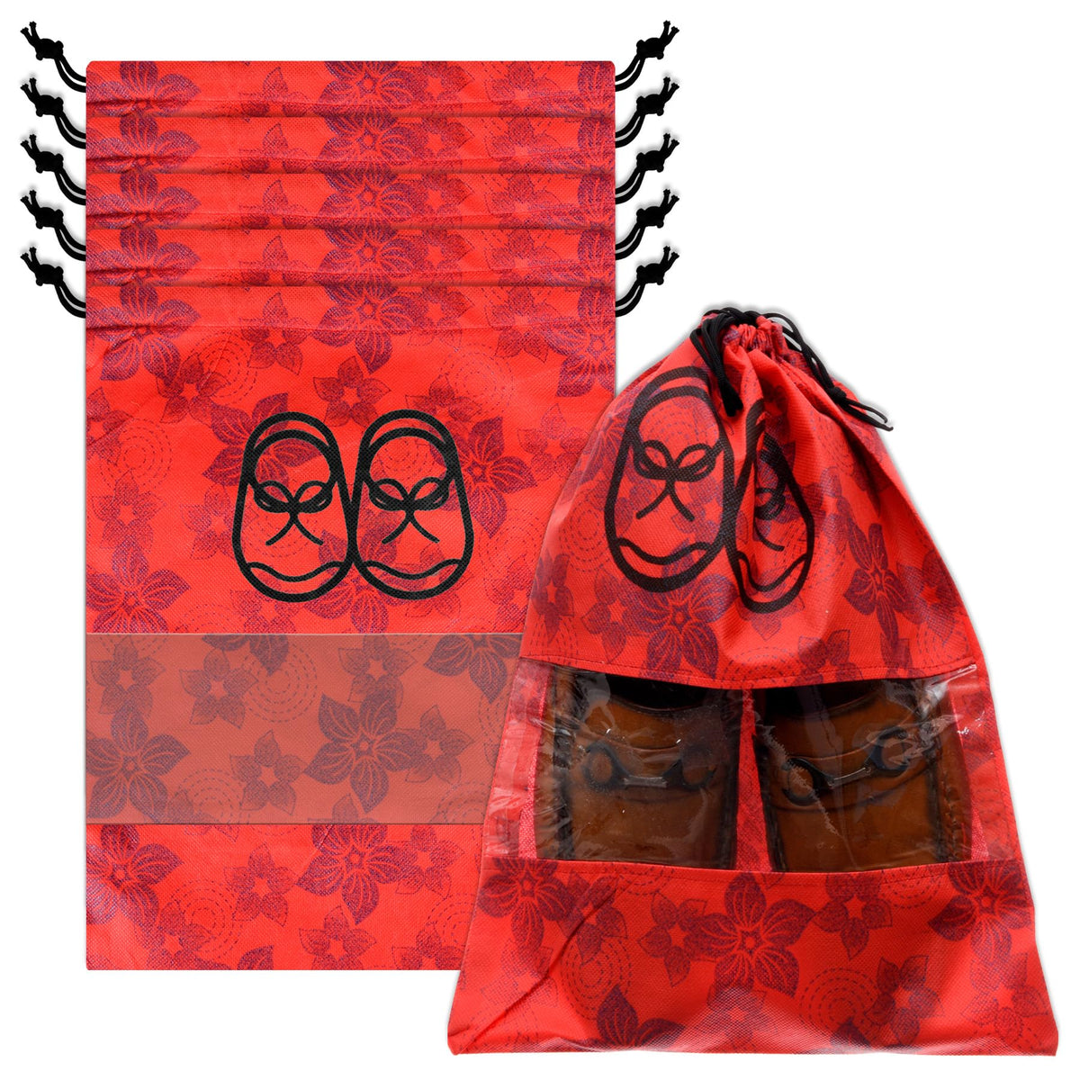 Heart Home Shoe Cover | Travel Shoe Storage Bags | Non-Woven Storage Bags | Shoe Cover with Drawstring | Shoe Organizer with Clear window | Flower-Design | Pack of 6 | Red
