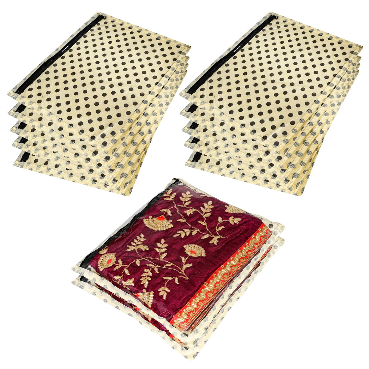 Heart Home Saree Cover | Clothes Storage Bag | Single Packing Saree with Zip Closure | Wardrobe Organizer | Cloth Stoarge Organizer | Dot Design | Pack of 12 | Cream