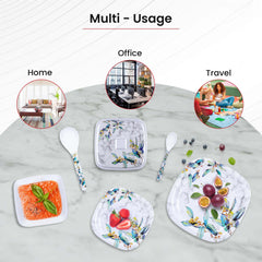 Kuber Industries 31 Pcs Square Unbreakable Microwave & Dishwasher Safe Melamine Dinnerware Kitchen Crockery Set | Glossy Dinner Sets & Kitchen Set for Home | Blue Flower - White