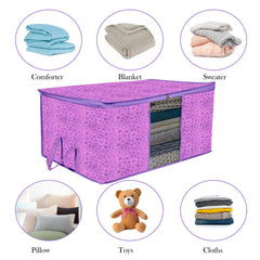 Heart Home Underbed Storage Bag | Clothes Storage Organizer | Blanket Cover with Clear Window | Zipper Closure & Handle Cloth Organizer | Flower-Design | Large | Pack of 4 | Purple