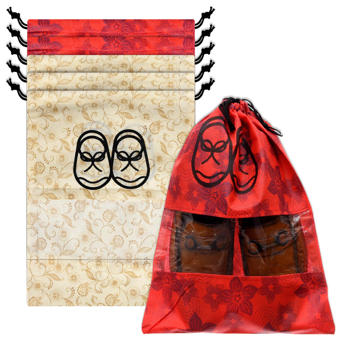 Heart Home Shoe Cover | Travel Shoe Storage Bags | Non-Woven Storage Bag | Shoe Cover with Drawstring | Shoe Organizer with Clear window | Pack of 6 | Multi