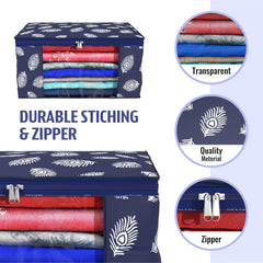 Heart Home Saree Cover | Clothes Storage Bag | Storage Organizer Bag | Zip Closure Saree Cover | Wardrobe Organizer | Peacock Feather-Design | 6 Inch | Pack of 2 | Navy Blue