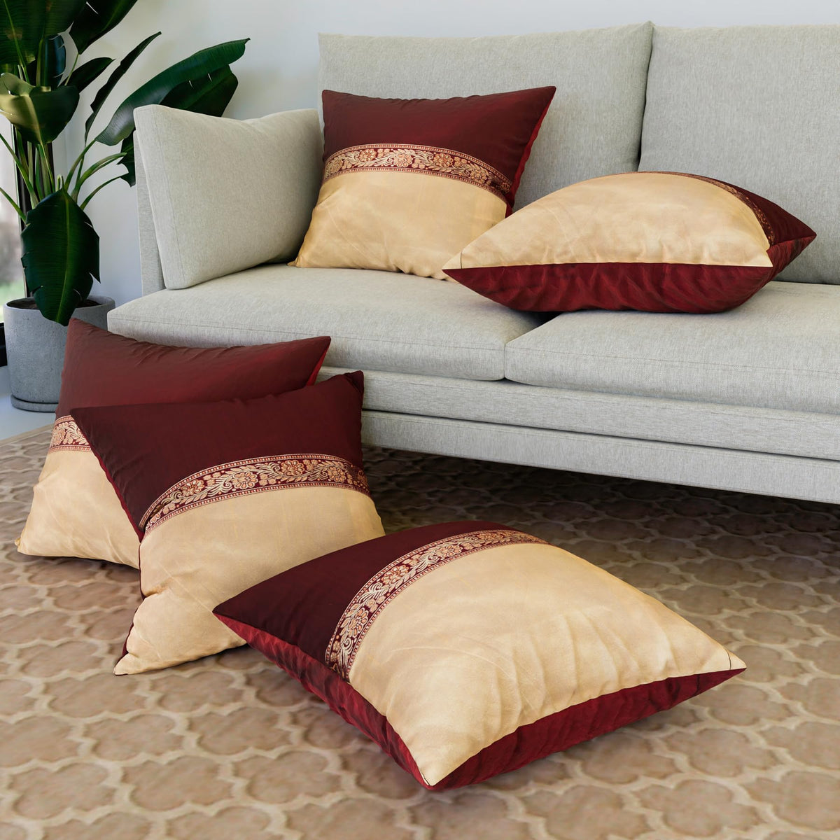 Heart Home Cushion Cover | Pillow Covers for Sofa | Throw Cushion Cover | Dupion Polyester Cushion Covers | Center Lace Cushion Covers | Set of 5 | 16 Inch | Maroon